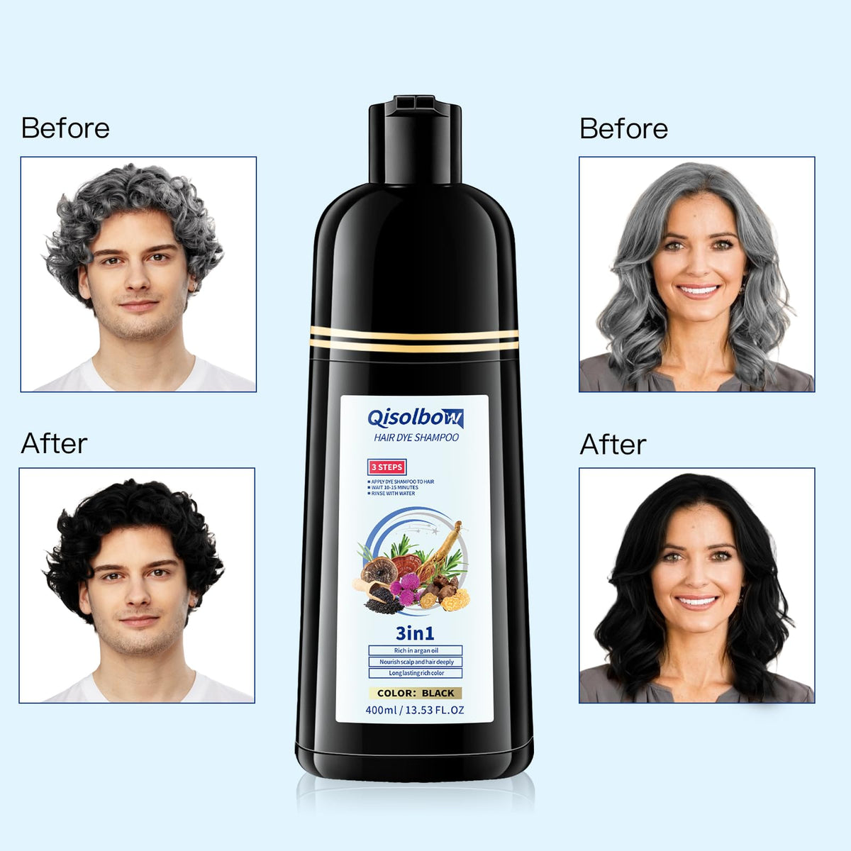 Finished natural black shade blends with existing hair tone.