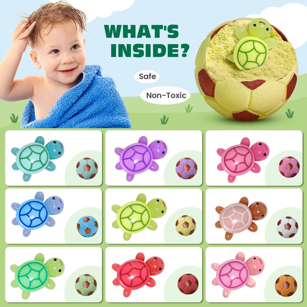 Surprise turtle toy inside each bomb sparks curiosity during dissolution