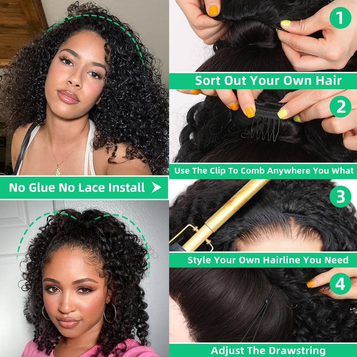 Qmaple Half Wig showing adjustable drawstring for comfortable fit