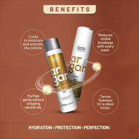 QOD PRO Argan shampoo close-up highlights rich lather and nourishing formula.