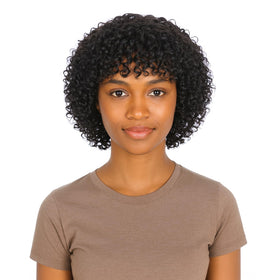 Qornex curly wig with bangs showcases soft texture for natural daily wear.