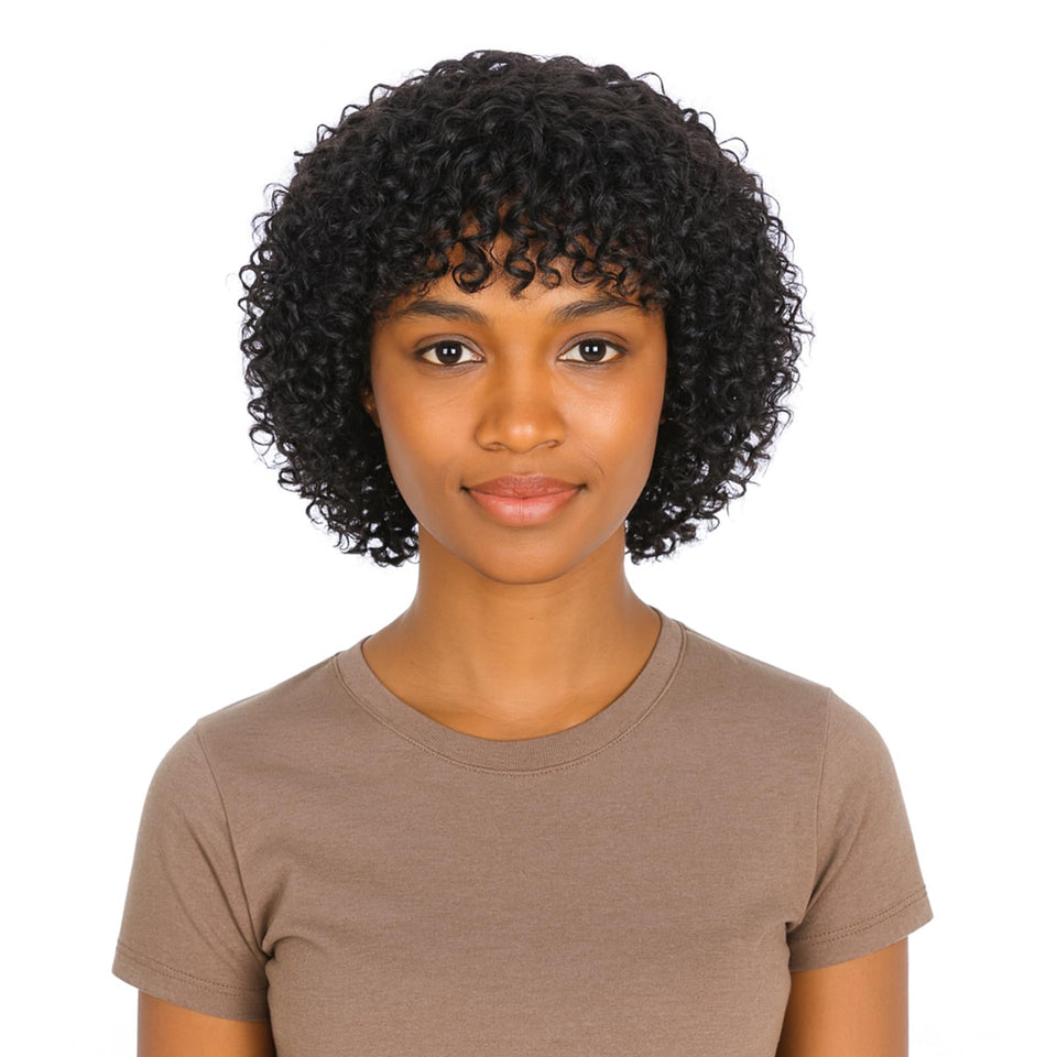 Qornex curly wig with bangs showcases soft texture for natural daily wear.