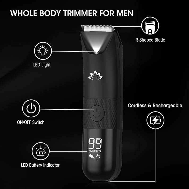 QREEYX Qreeyx Manscape Trimmer shown in IPX7 waterproof design for wet or dry use.