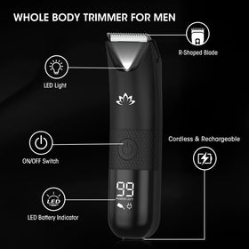 QREEYX Qreeyx Manscape Trimmer shown in IPX7 waterproof design for wet or dry use.
