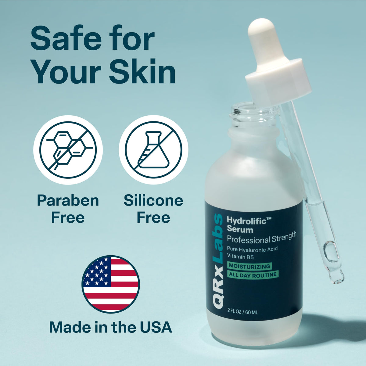 Amber bottle of QRxLabs Hyaluronic Acid Serum signaling eco-conscious packaging