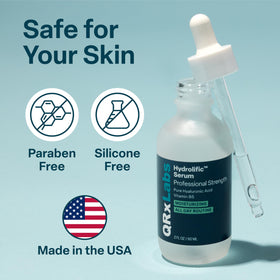 Amber bottle of QRxLabs Hyaluronic Acid Serum signaling eco-conscious packaging