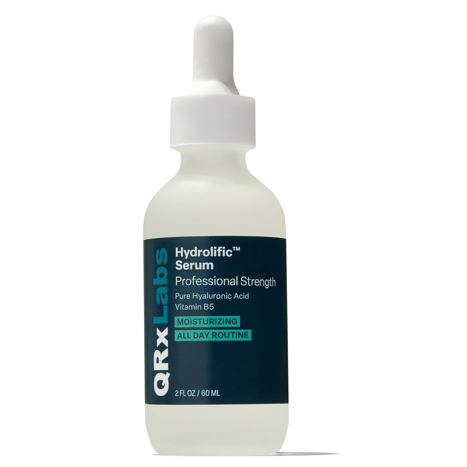 QRxLabs Hyaluronic Acid Serum bottle in amber glass highlighting premium hydration