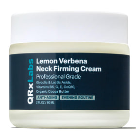 QRxLabs Lemon Verbena Neck Cream jar close-up showing rich hydration for smoother neck skin.