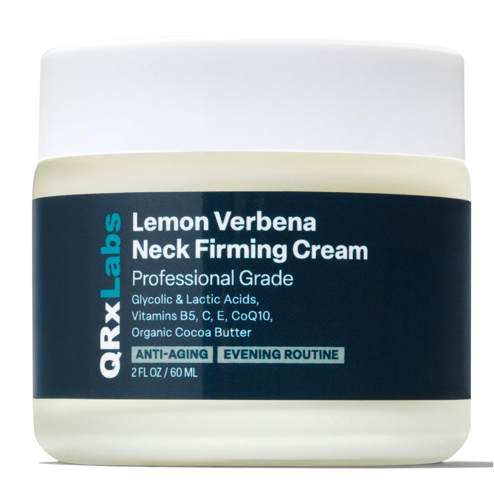 QRxLabs Lemon Verbena Neck Cream jar close-up showing rich hydration for smoother neck skin.