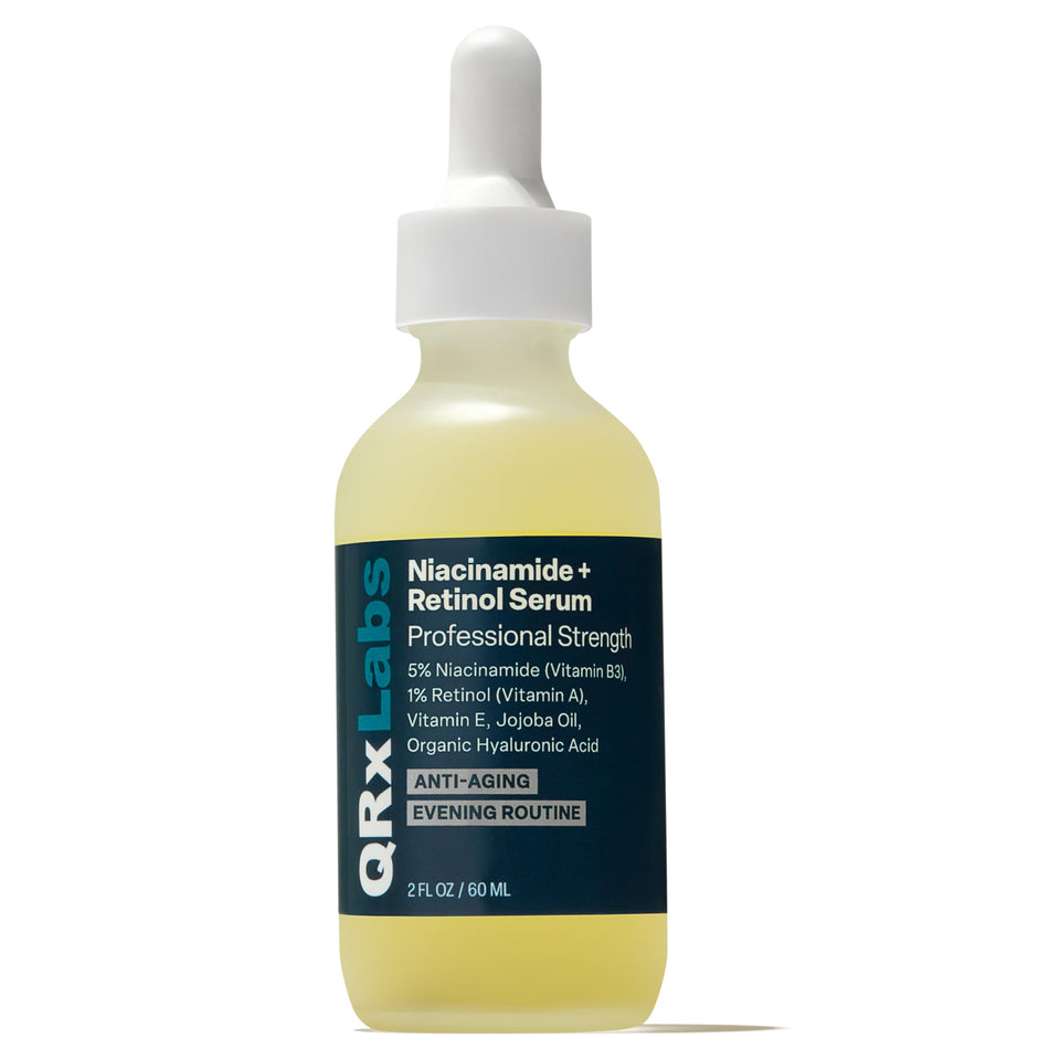 QRxLabs niacinamide serum bottle for daily brightening routine.