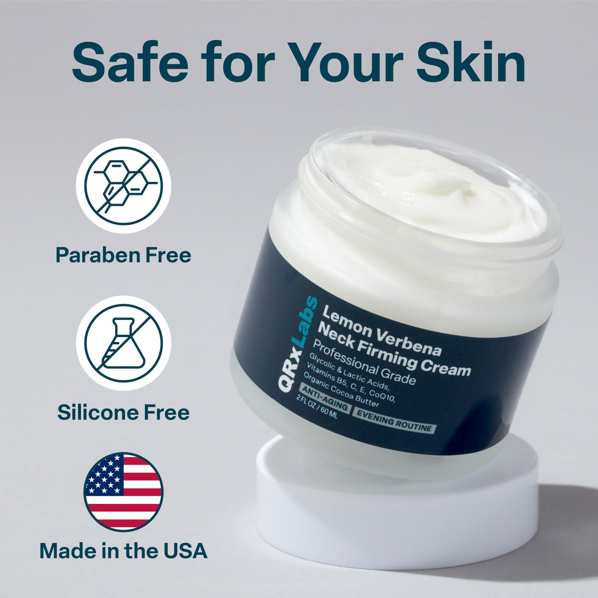 QRxLabs Organic cocoa butter texture conveys rich moisture and a soothing feel.