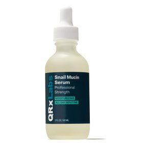QRxLabs Snail Mucin Serum bottle close-up; hydrating formula for dewy skin