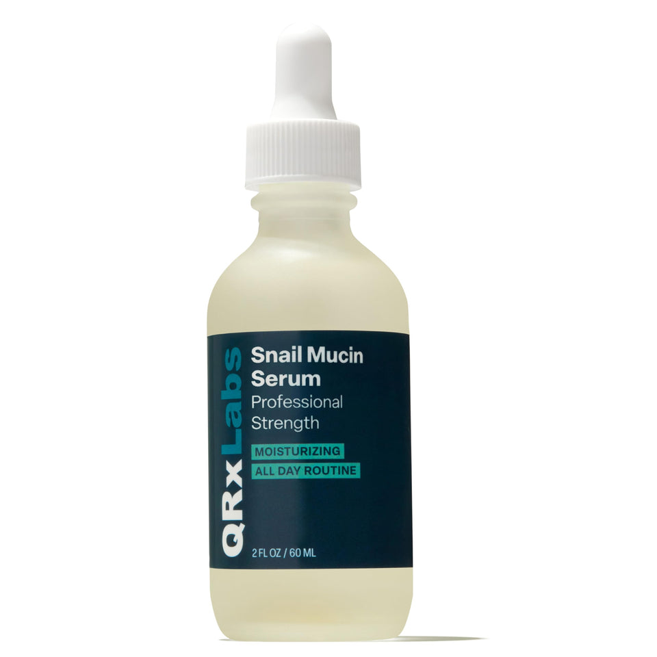 QRxLabs Snail Mucin Serum bottle close-up; hydrating formula for dewy skin