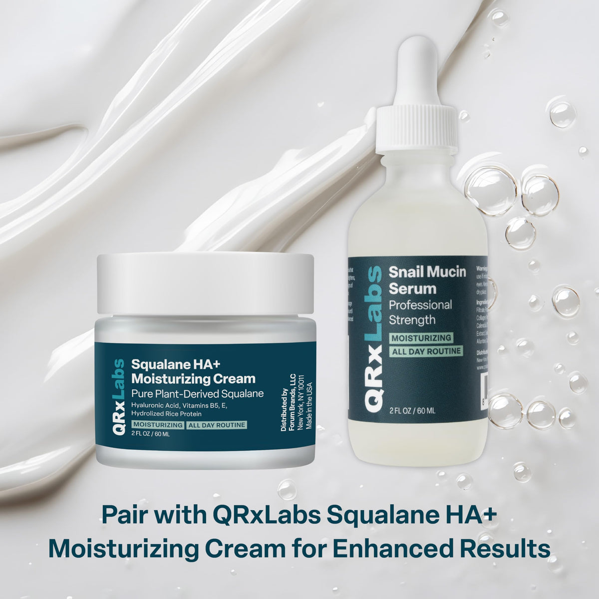 QRxLabs Snail Mucin Serum in hand; lightweight texture for under makeup