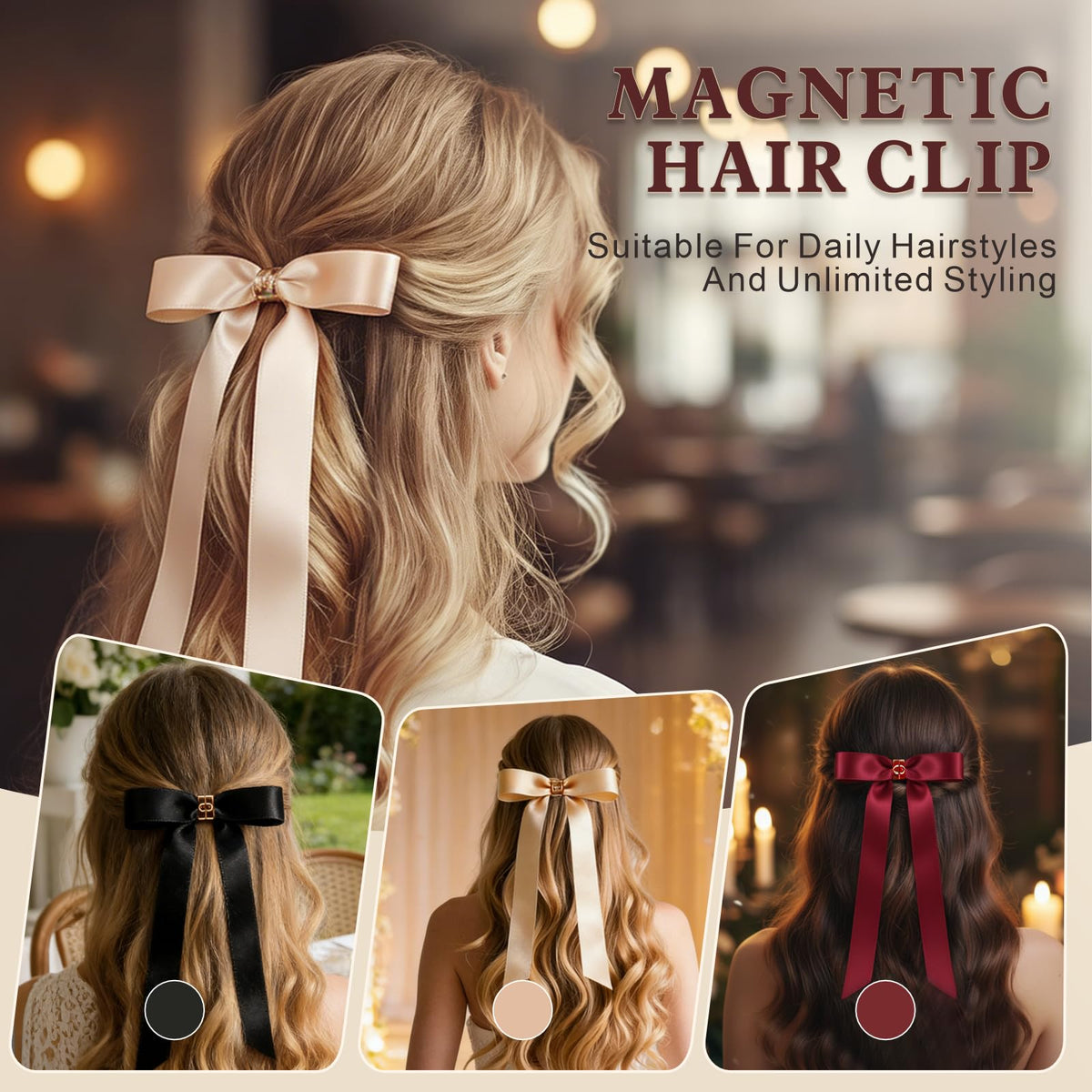 Qtaikong premium black magnetic hair bow clip blends invisibly for everyday wear