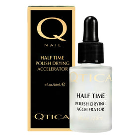QTICA Half Time bottle close-up, fast-drying top coat prevents smudges on fresh manicures.