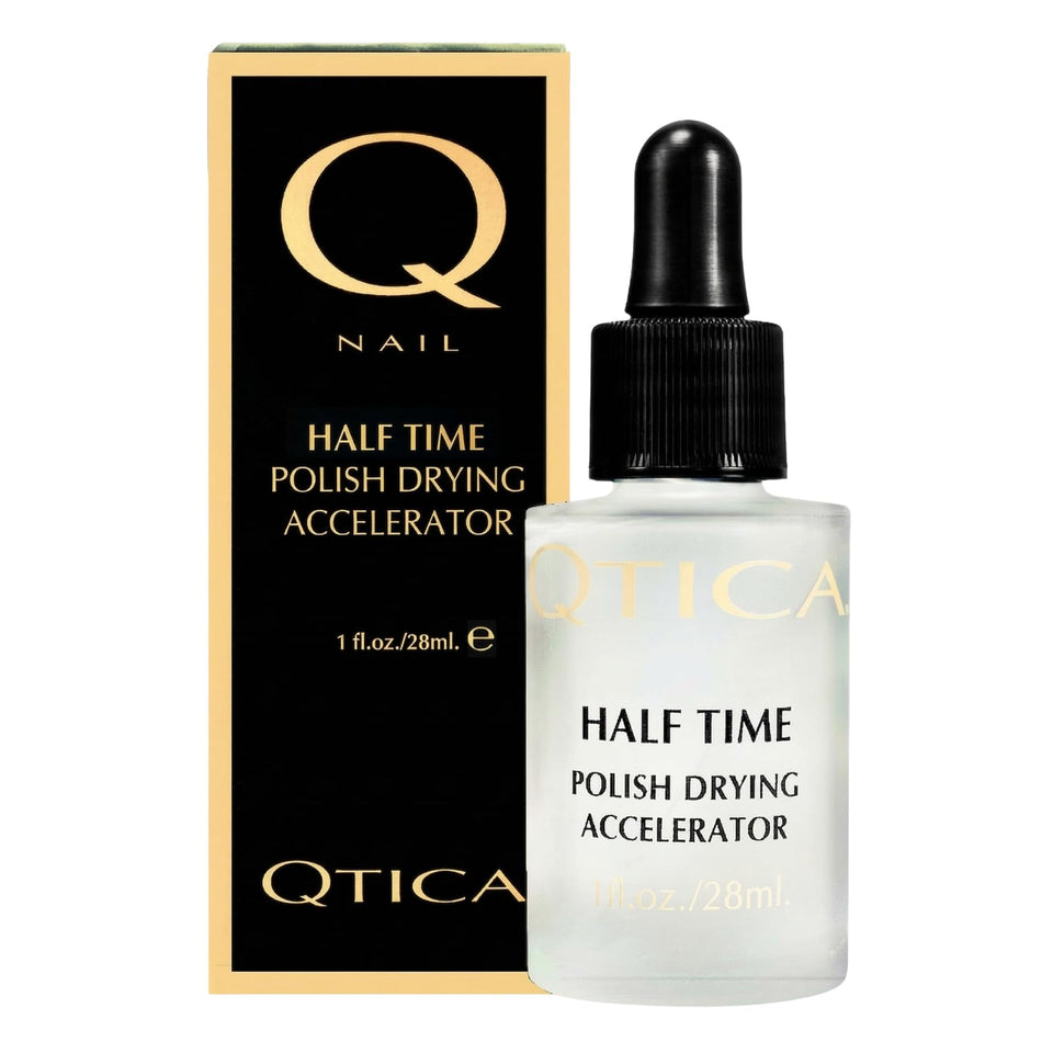 QTICA Half Time bottle close-up, fast-drying top coat prevents smudges on fresh manicures.