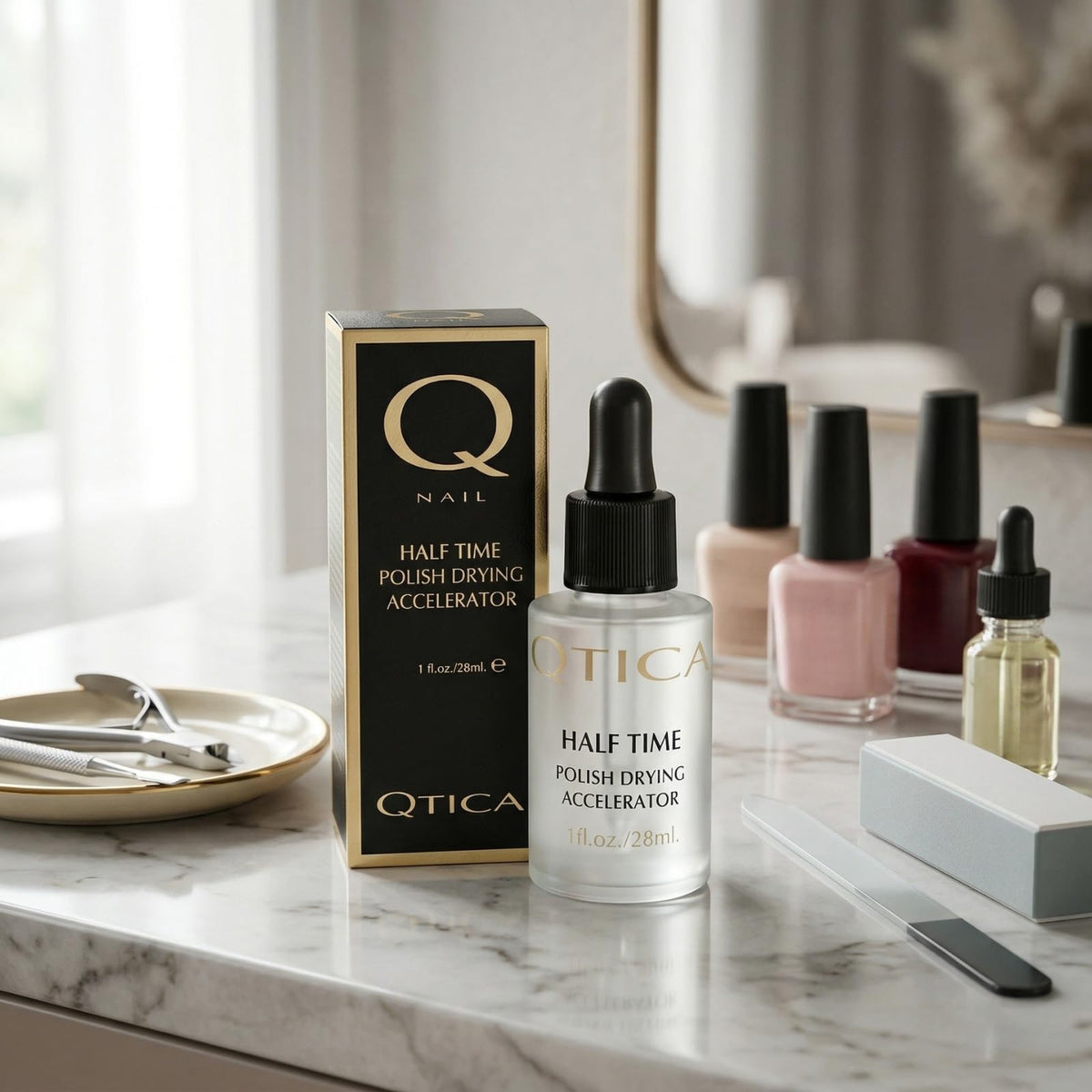 QTICA Half Time nails after drying, shiny, protective finish with long wear potential.