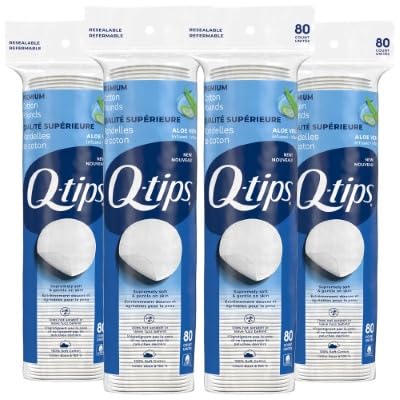 Q-tips Beauty Premium Cotton Rounds pack closeup showing soft, lint-free texture.