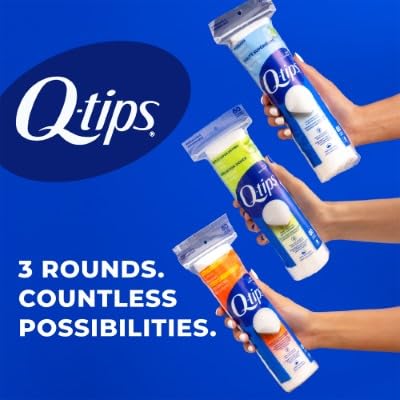 Q-tips Premium Cotton Rounds 80-count four-pack on display.