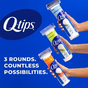 Q-tips Premium Cotton Rounds 80-count four-pack on display.