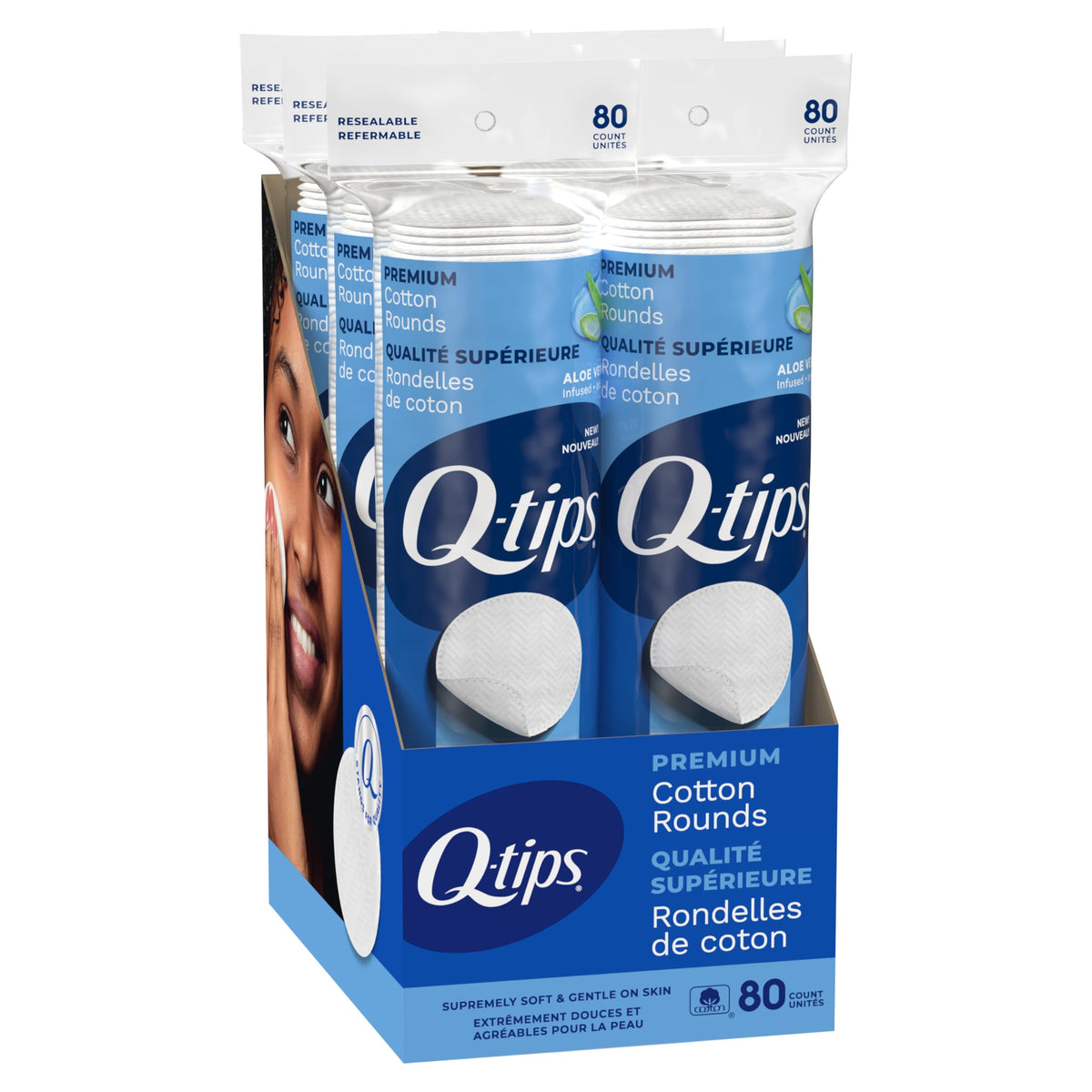 Q-tips Premium Cotton Rounds front pack for gentle daily use