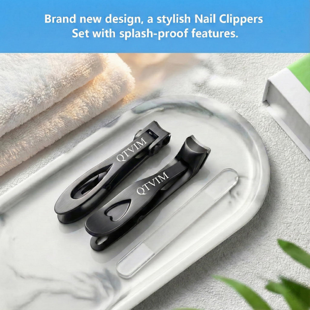 QTVIM clippers with catcher keeps nail waste contained during trimming.