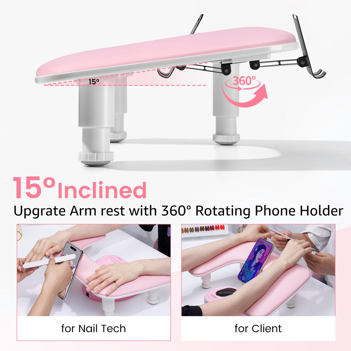 Quaferen Arm Rest height adjustment offers customizable comfort for different nail services.
