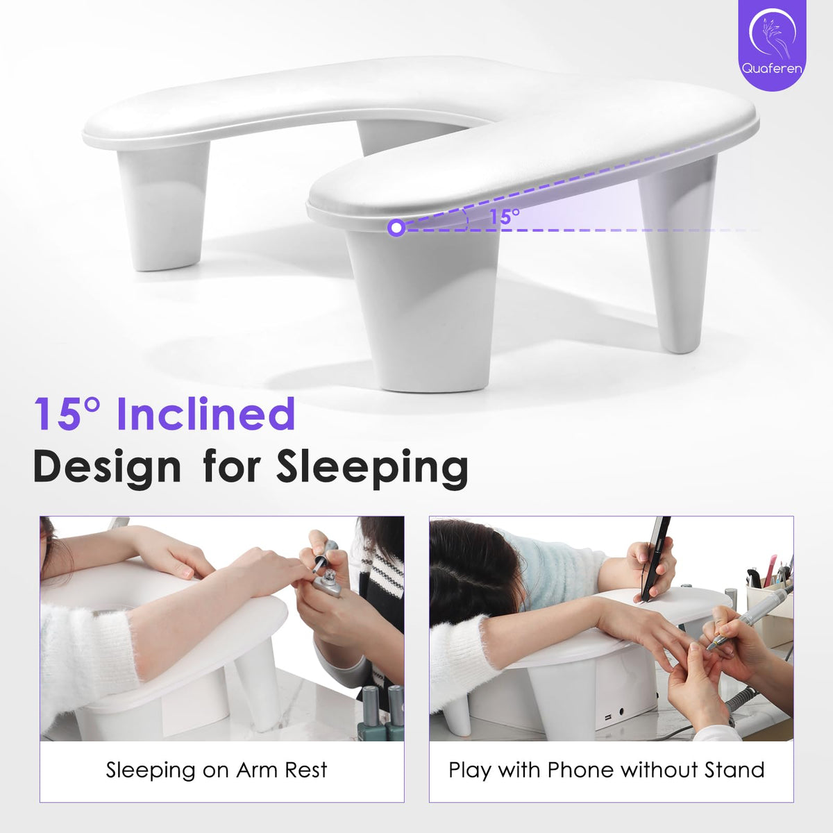 Quaferen arm-rest-u-shaped-nail-support with anti-slip base keeps work steady.