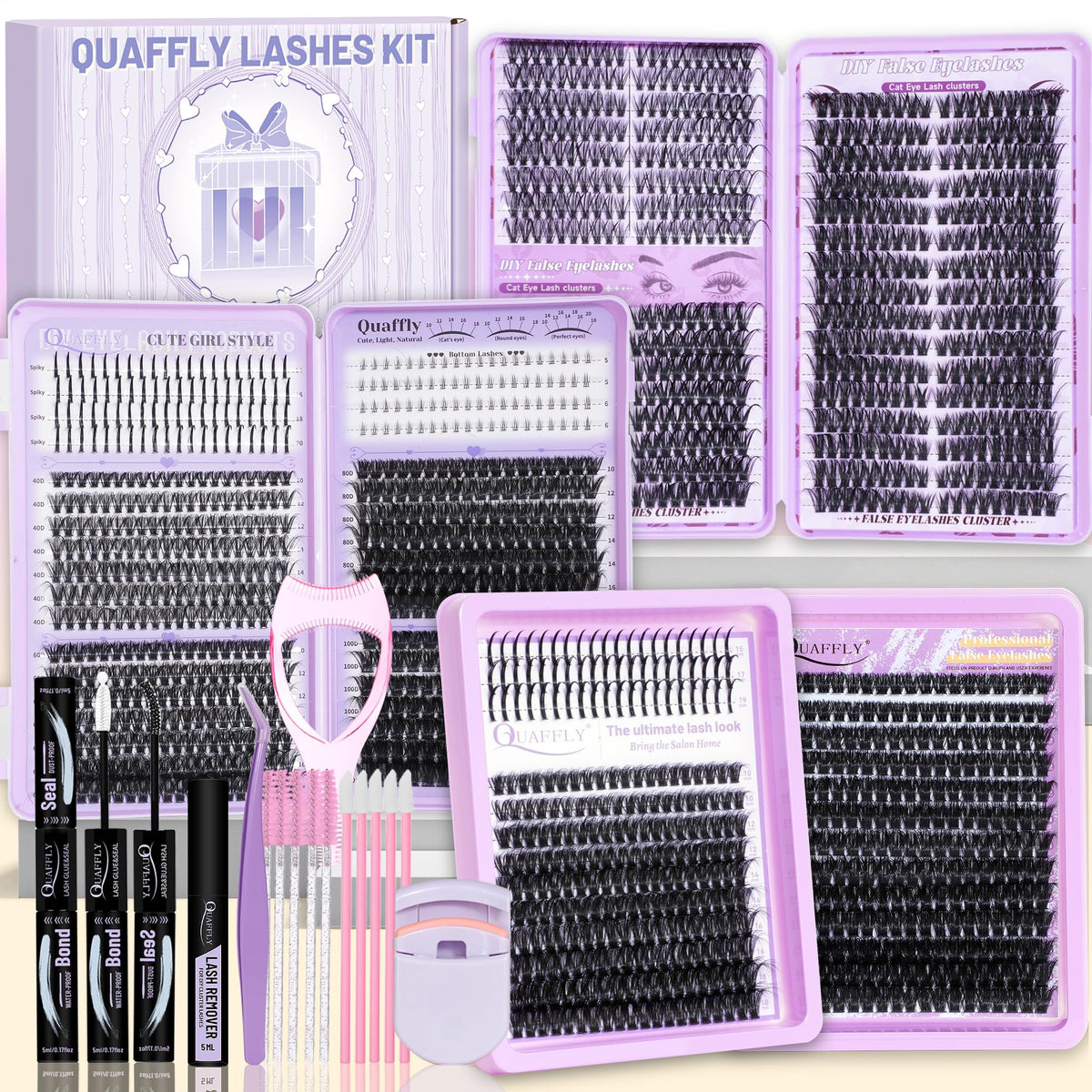 QUAFFLY Lash Clusters Kit with 1790 clusters across four trays for versatile looks.