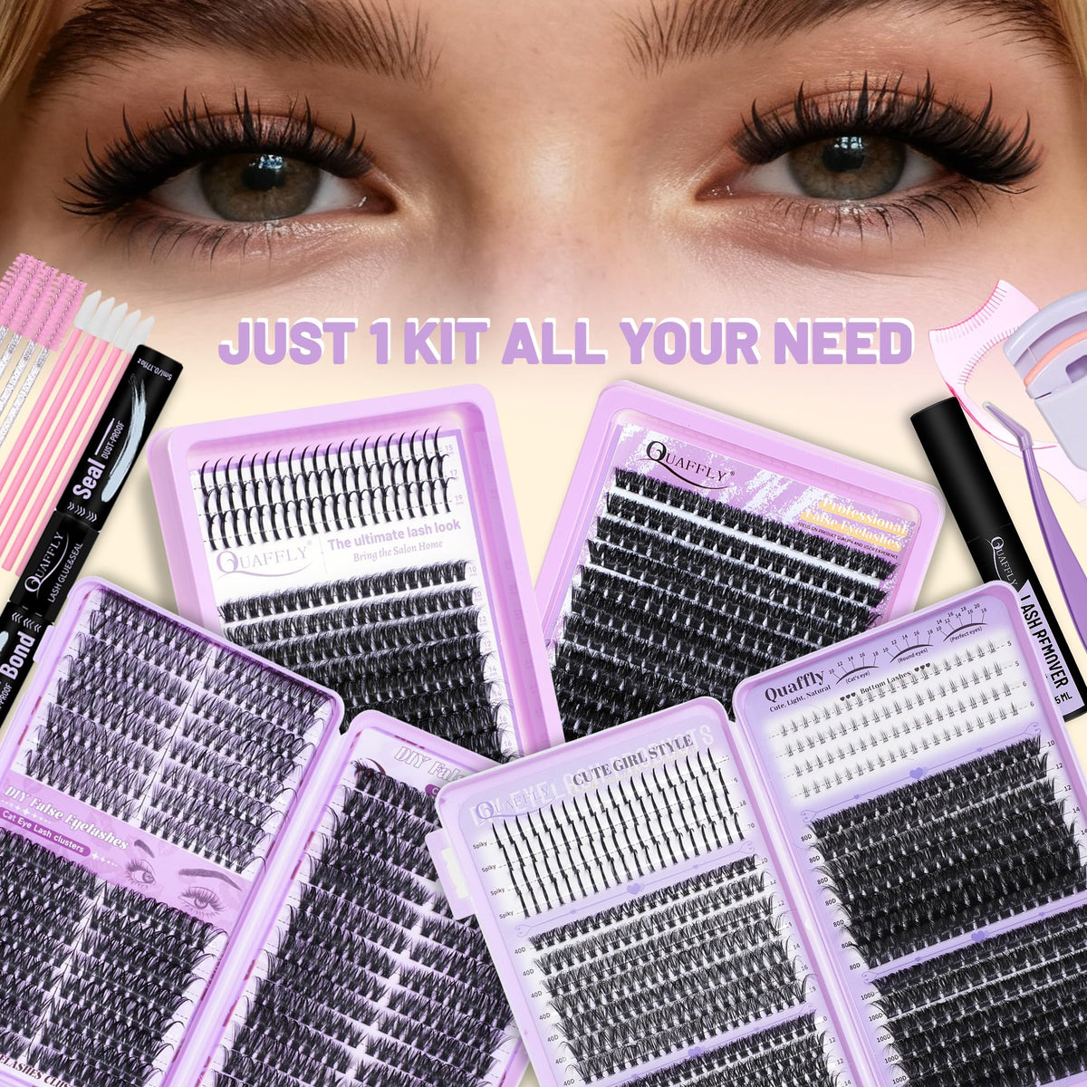 QUAFFLY Spiked lashes with bottom lashes create dramatic top-to-bottom eye definition.