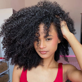 QUANDIAN kinky curly half wig close-up with natural scalp-like hairline for seamless blending