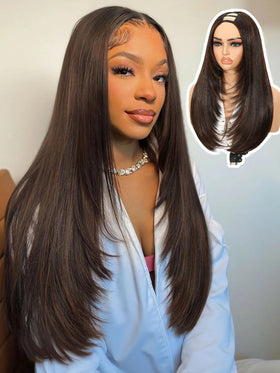 Quantum Love Brown Highlight U Part Wig shows face-framing, natural scalp in a realistic style.