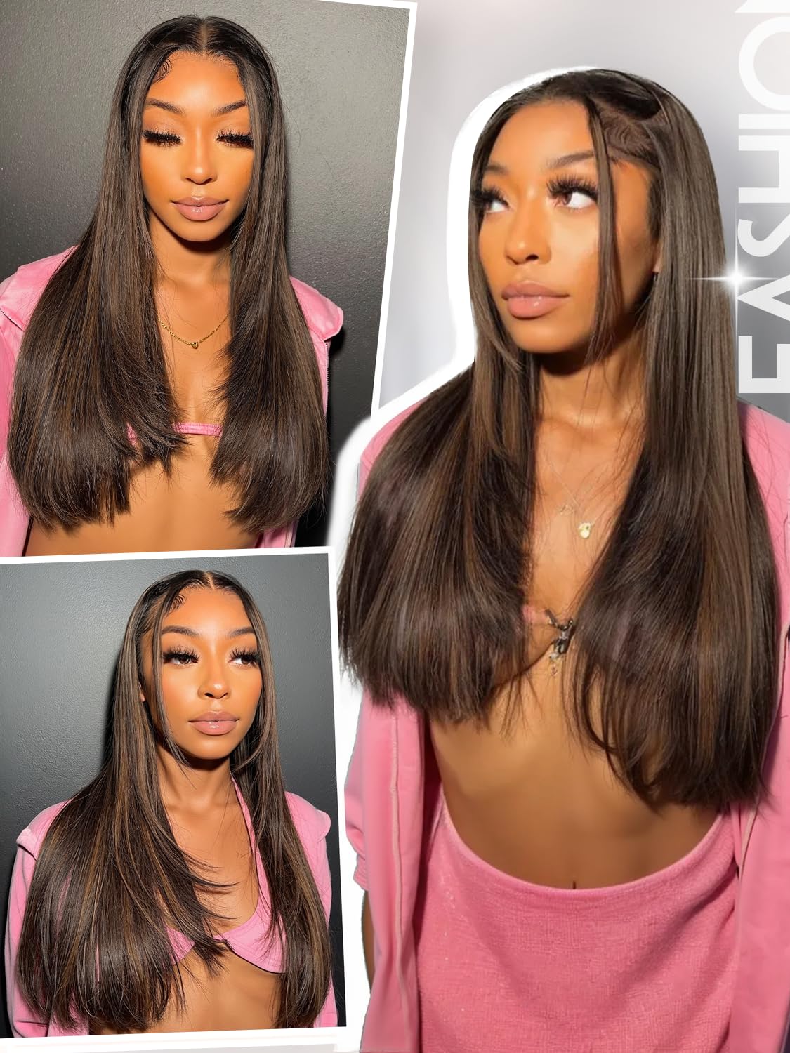 Quantum Love Fast fuller hairstyle in minutes with 24-inch brown-highlight wig.