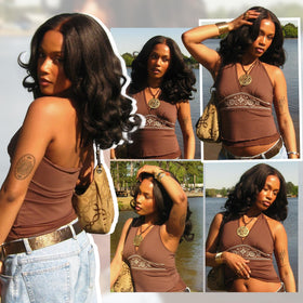 Quantum Love V Part Yaki Curly Wig back view with defined curls.