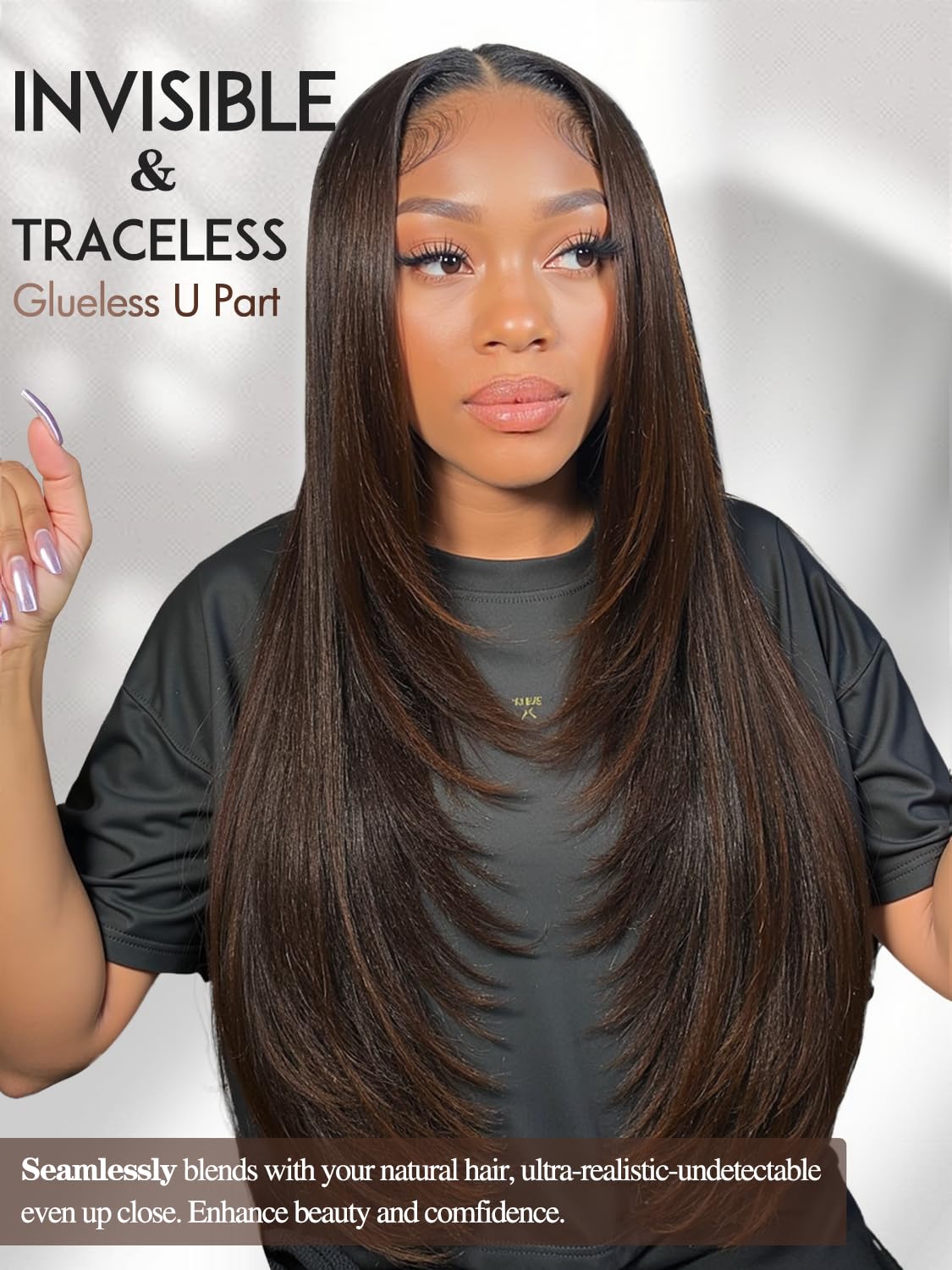 Quantum Love Yaki straight layered wig adds body and flattering framing.