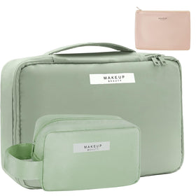 Queboom travel makeup bag main compartment keeps cosmetics organized on trips.
