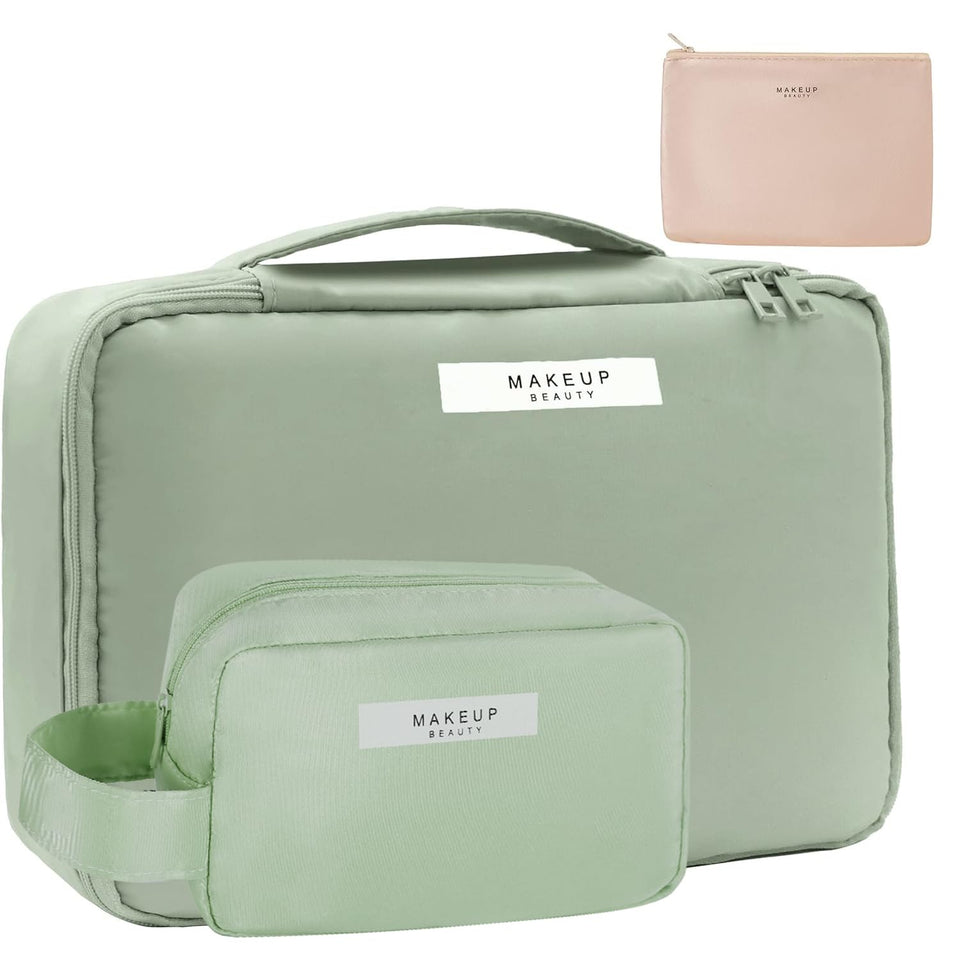Queboom travel makeup bag main compartment keeps cosmetics organized on trips.