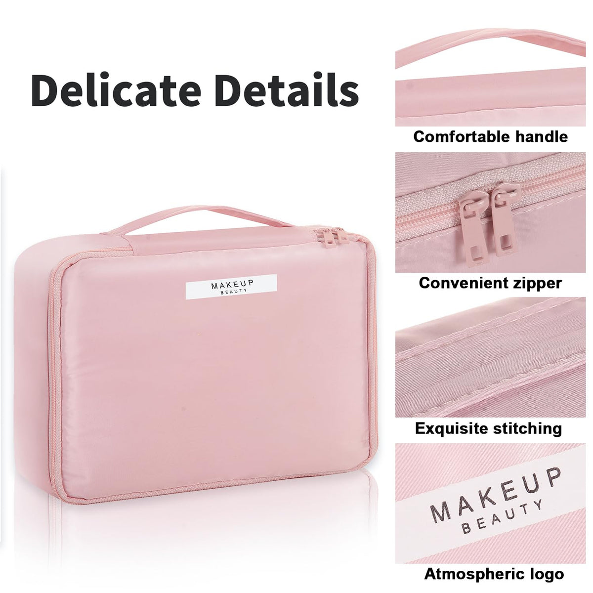 Queboom pink travel bag with large capacity for cosmetics and skincare