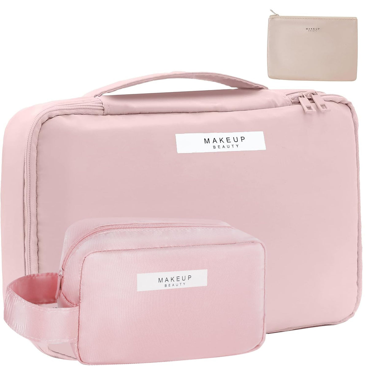 Queboom travel makeup bag pink front view with triple compartments for organized storage cosmetics