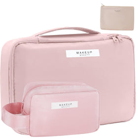 Queboom travel makeup bag pink front view with triple compartments for organized storage cosmetics