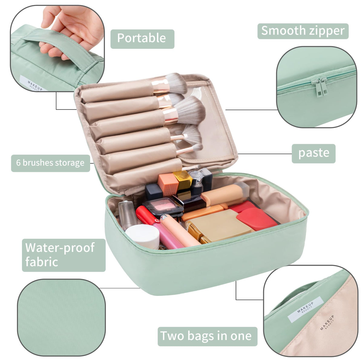 Queboom makeup bag brushes compartment keeps tools neatly separated during travel.