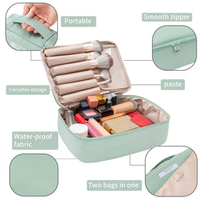 Queboom makeup bag brushes compartment keeps tools neatly separated during travel.