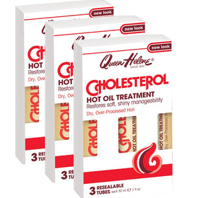 Closeup of Queen Helene cholesterol hot oil treatment bottle for moisture care.