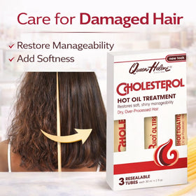 Hands applying Queen Helene cholesterol hot oil treatment to hair for deep conditioning.