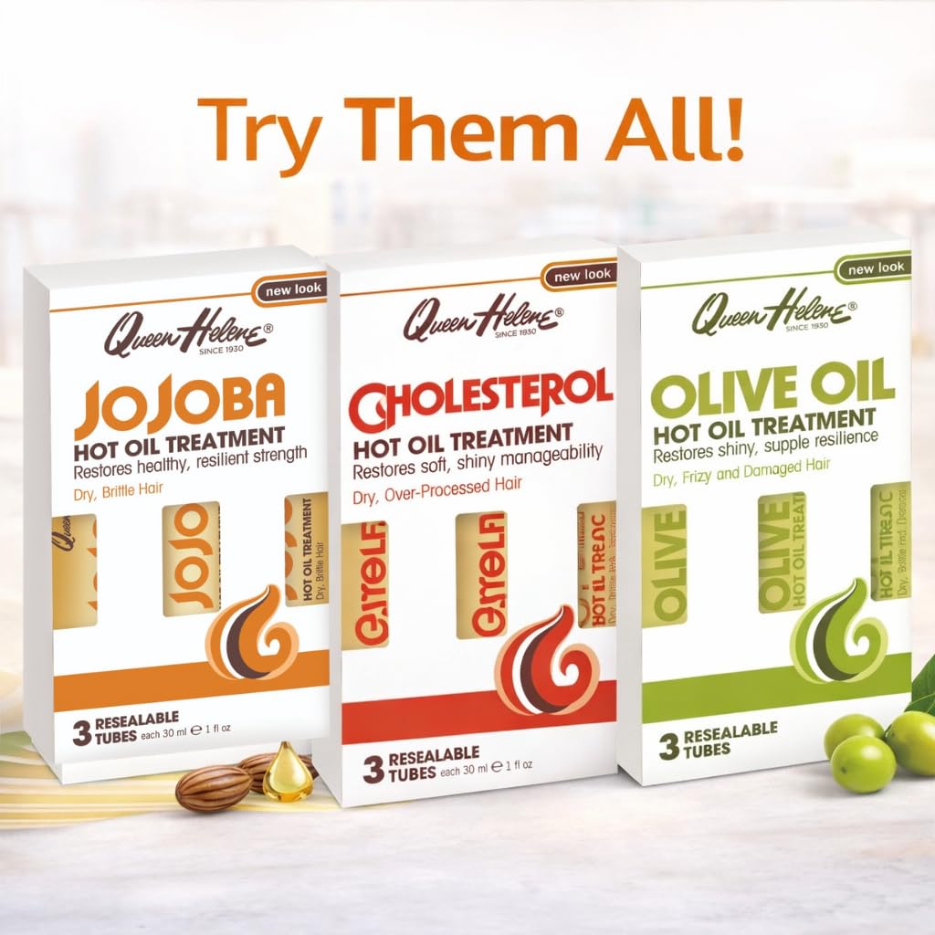 Retail packaging of Queen Helene cholesterol hot oil treatment on display.