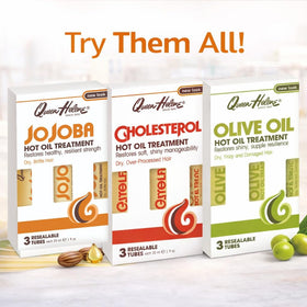 Retail packaging of Queen Helene cholesterol hot oil treatment on display.