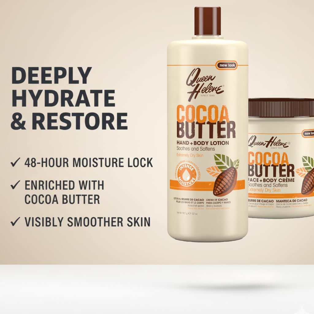 Queen Helene Cocoa Butter Creme pack of 4 on countertop for extended moisture.