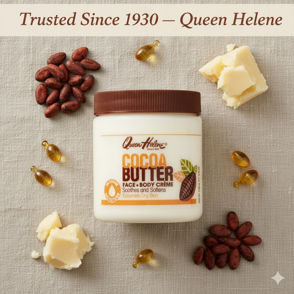 Queen Helene Cocoa Butter Creme product routine in bathroom cabinet.