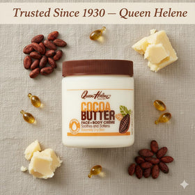 Queen Helene Cocoa Butter Creme product routine in bathroom cabinet.